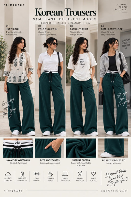 Women’s Olive-Green Wide-Leg Korean trousers with Striped Elastic Waistband & Drawstring