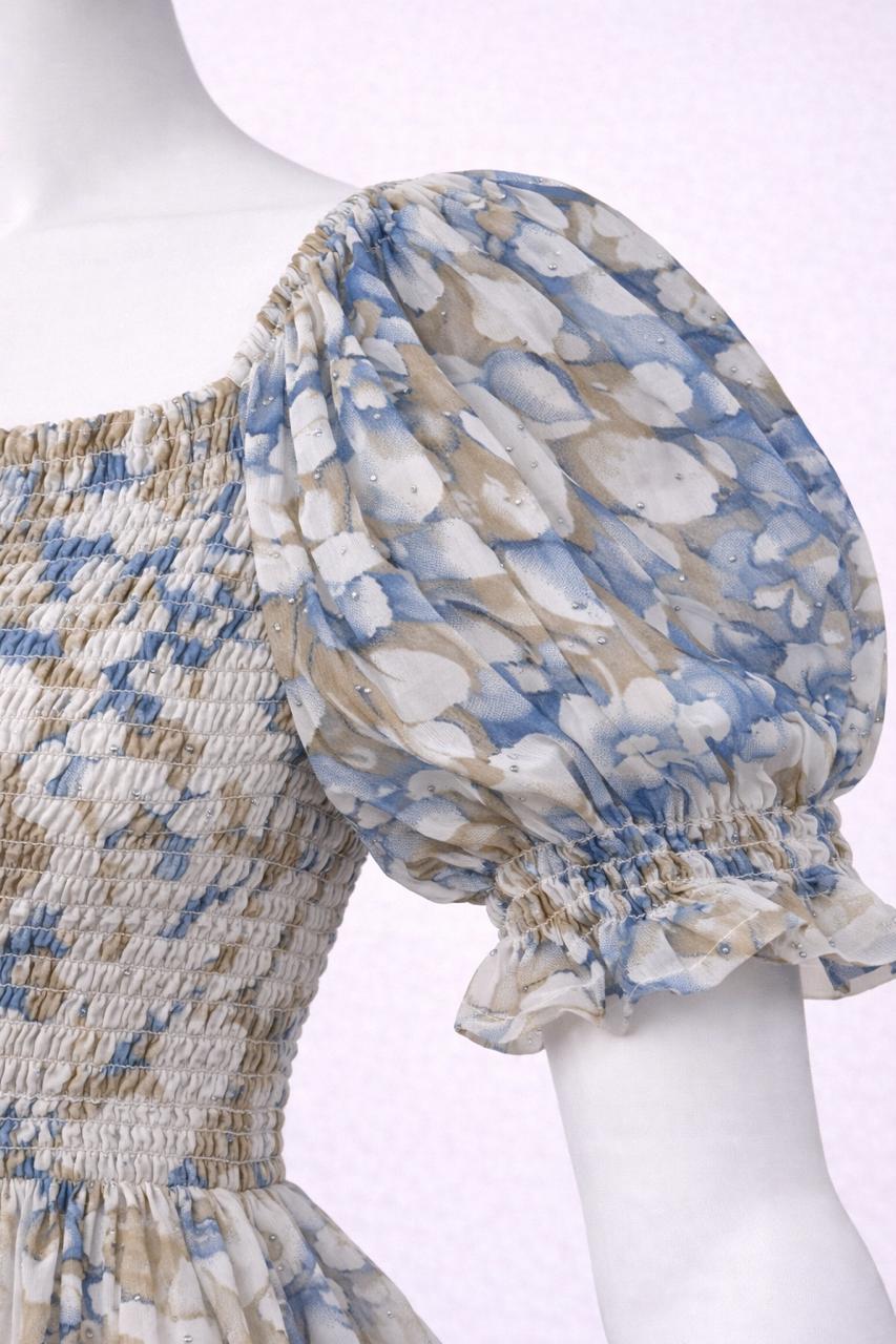Women's blue & white floral printed sundress with puff sleeves