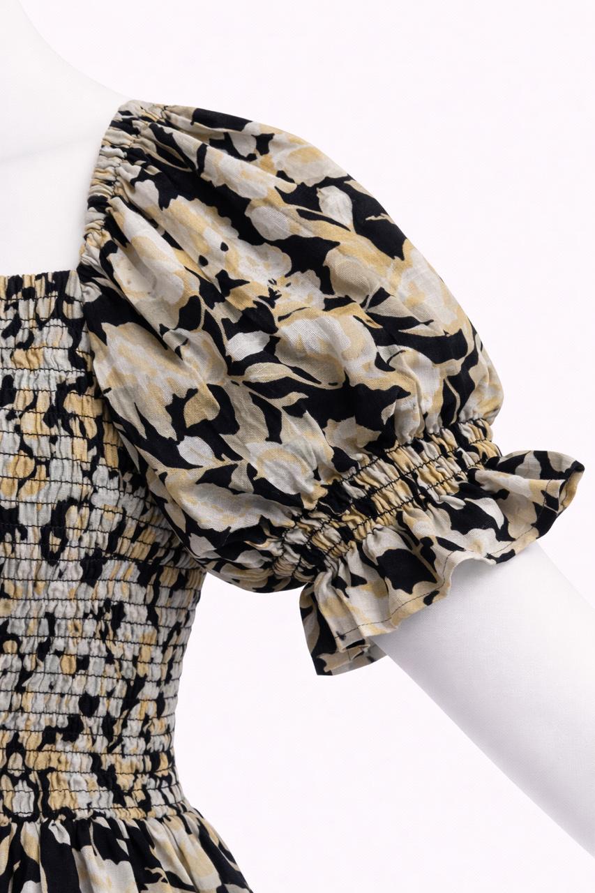 Women's Black & yellow floral printed sundress with puff sleeves