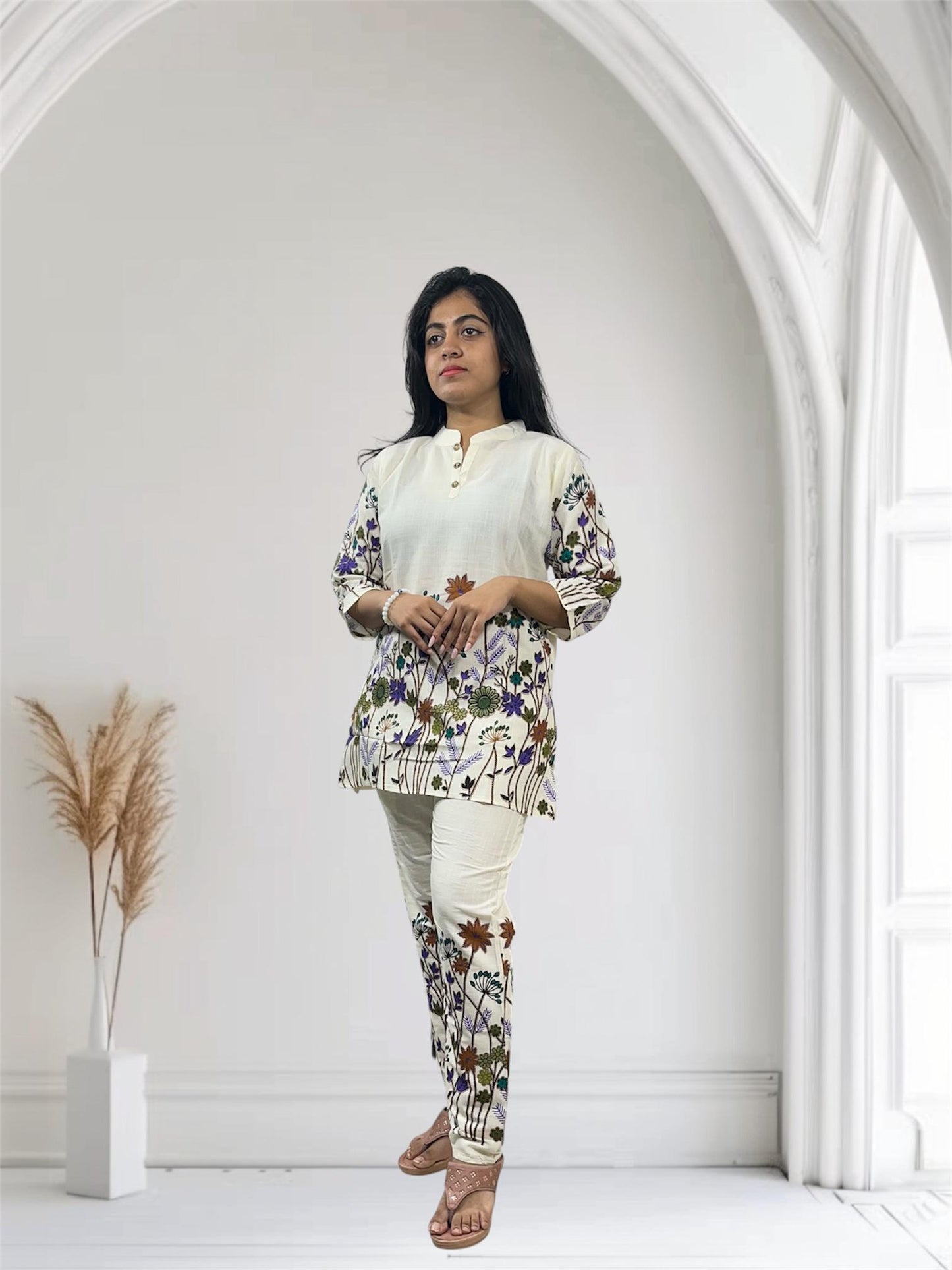 Elegant cream floral printed linen co-ords