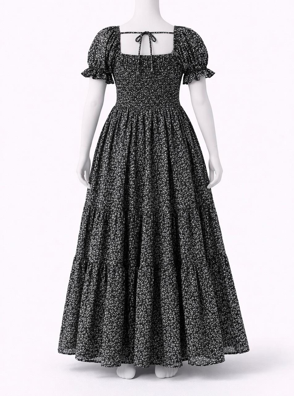 Women's Black floral printed sundress with puff sleeves