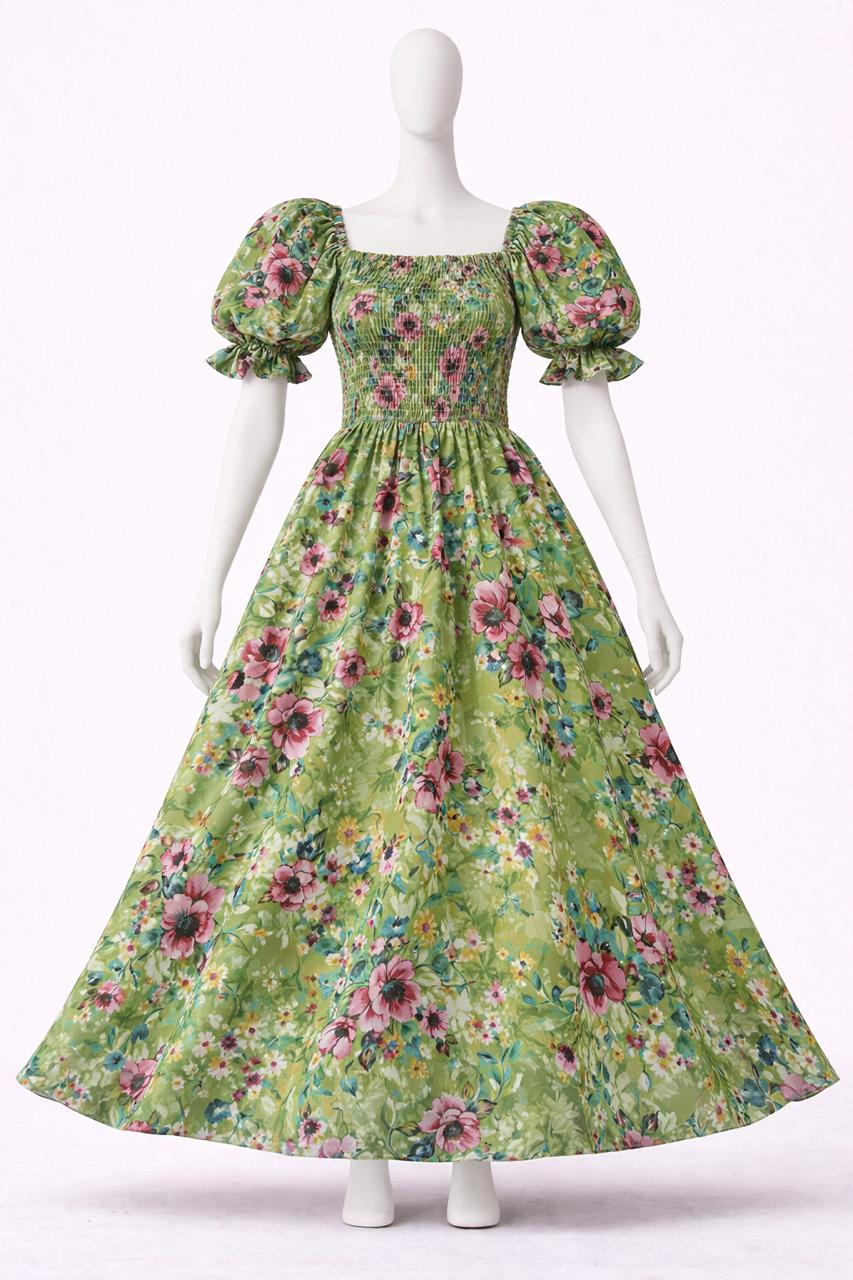Women's green vibrant floral printed sundress with puff sleeves