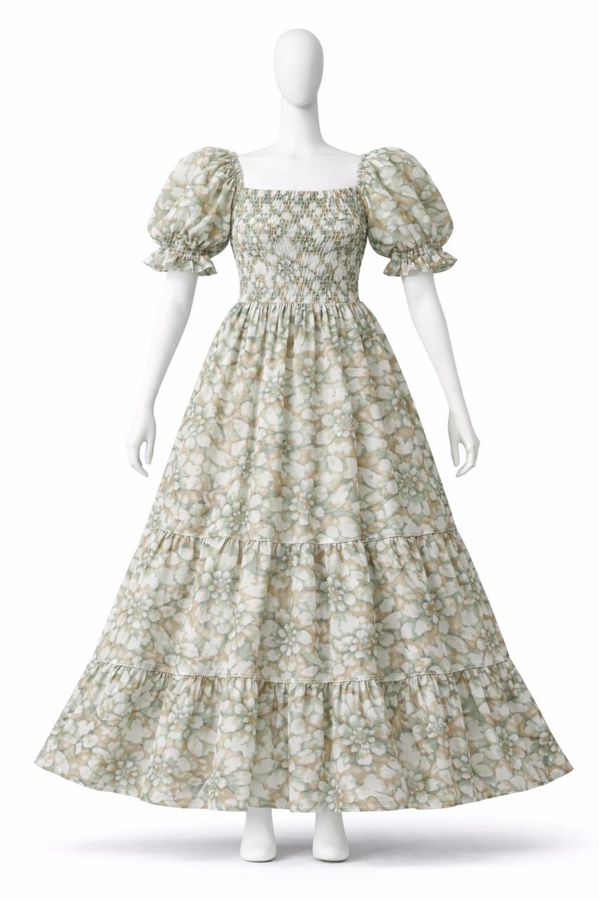 Women's green & white floral printed sundress with  puff sleeves