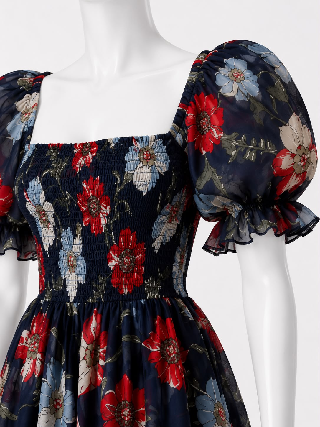 Women's navy blue  floral printed sundress with puff sleeves
