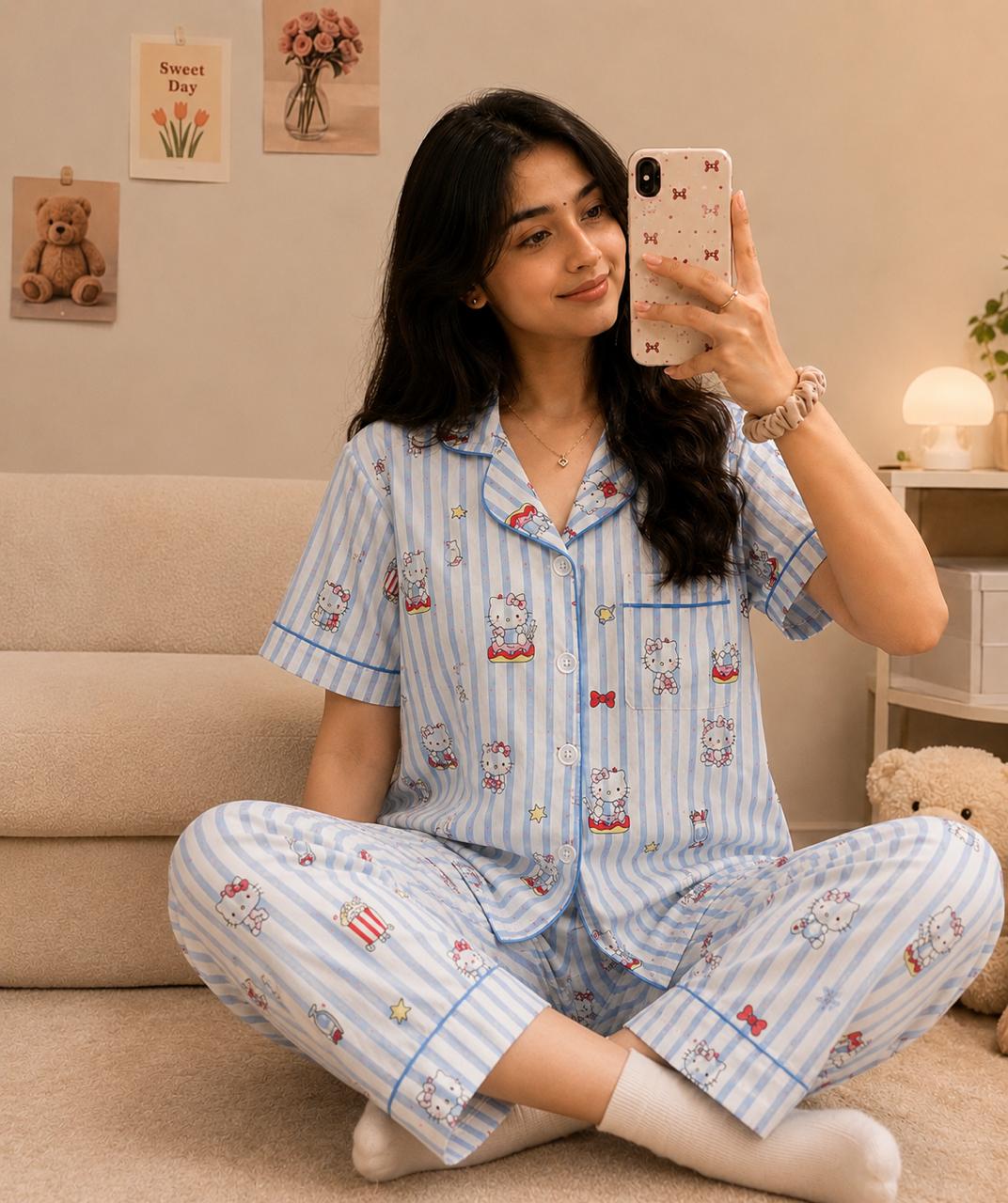 kitty & Bow Printed Premium 2-Piece Cotton Lounge Set