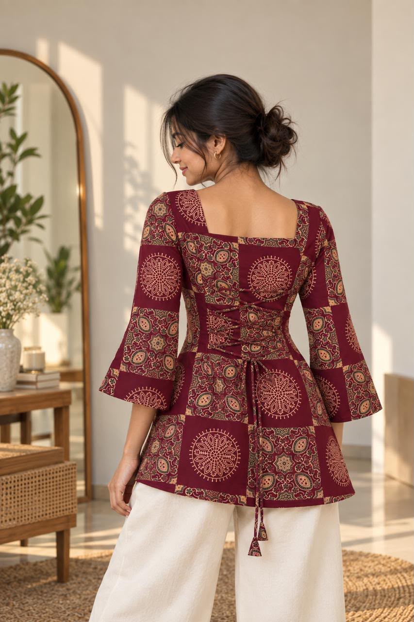Velvet burgundy geometrical printed Premium 100% Pure Cotton Corset Back Knot Short Kurti | Printed Flared Kurti for Women