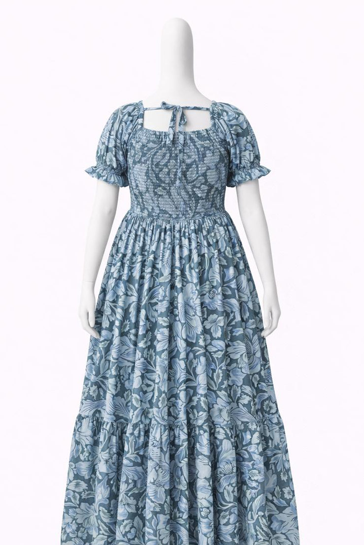 Women's blue printed sundress with puff sleeves