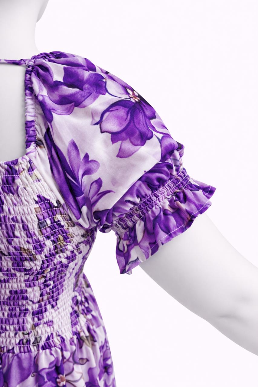 Women's white & violet printed sundress with puff sleeves