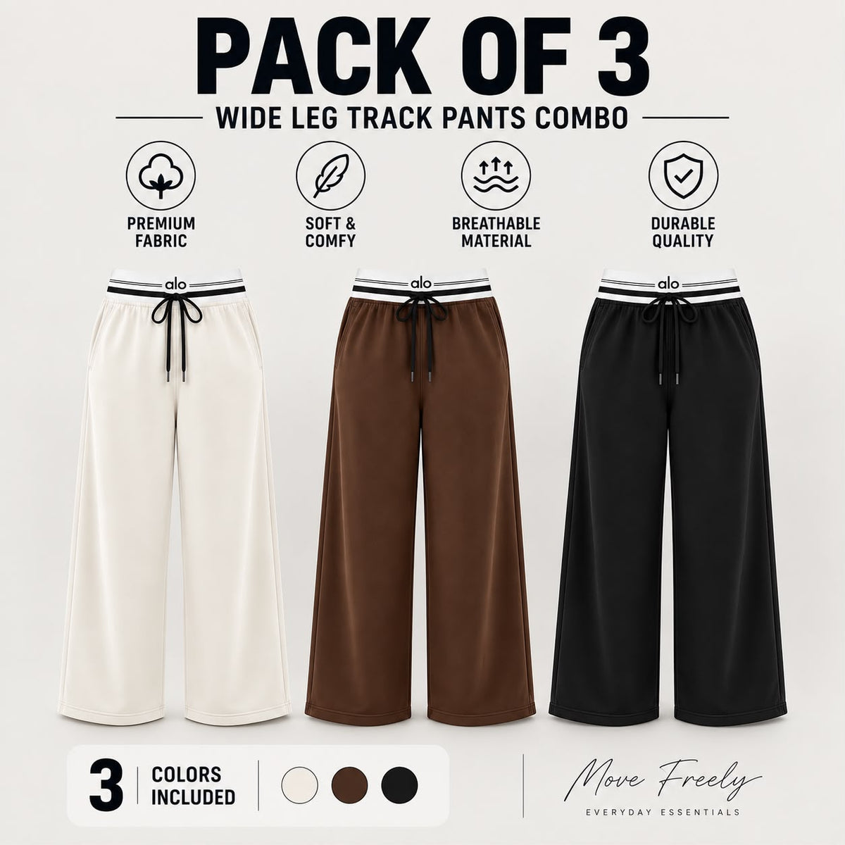Pack of 3 Wide-Leg trackpants | Elastic Waistband & Drawstring