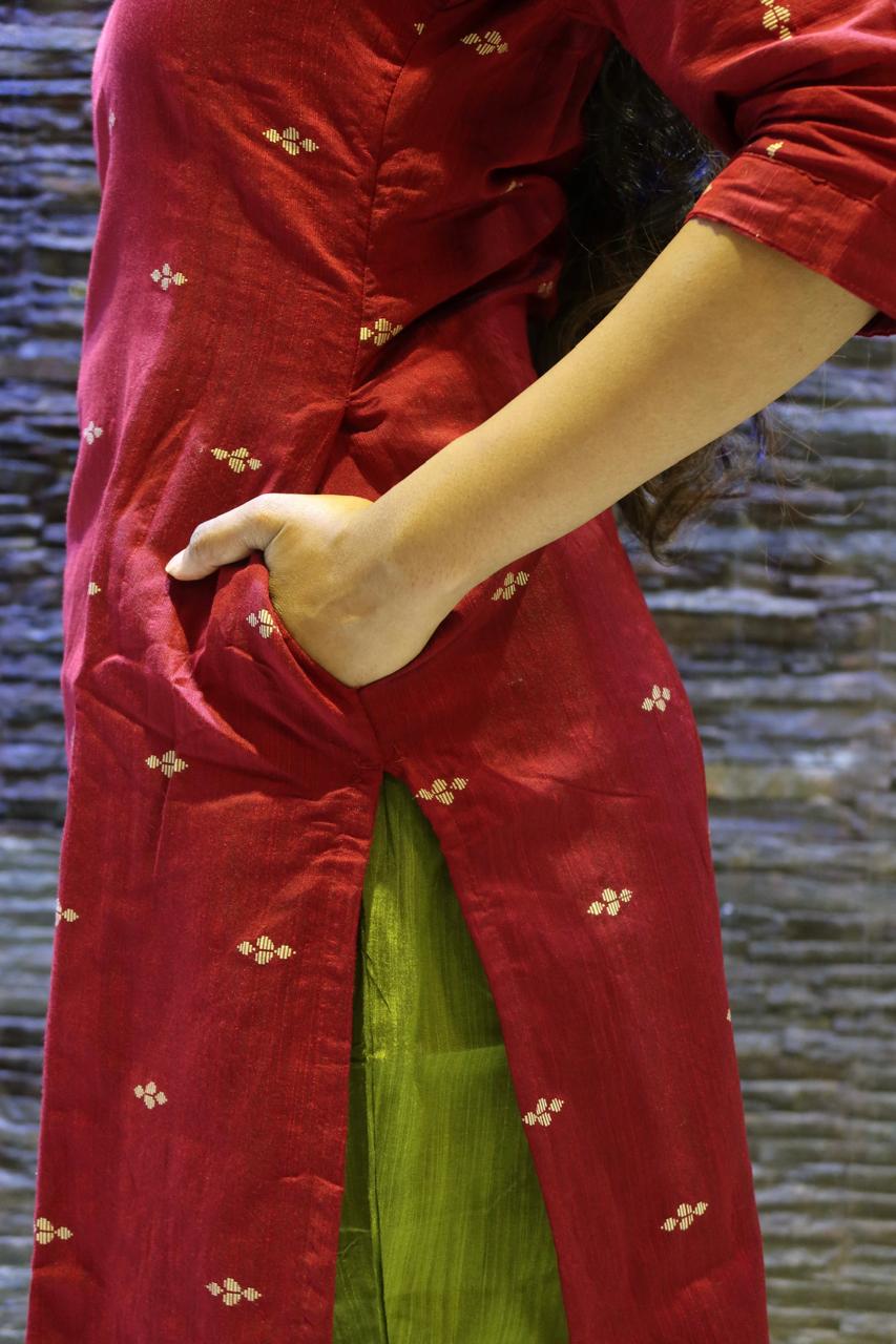 Pure Raw Silk Churidar Set with Kalamkari Dupatta & Pant