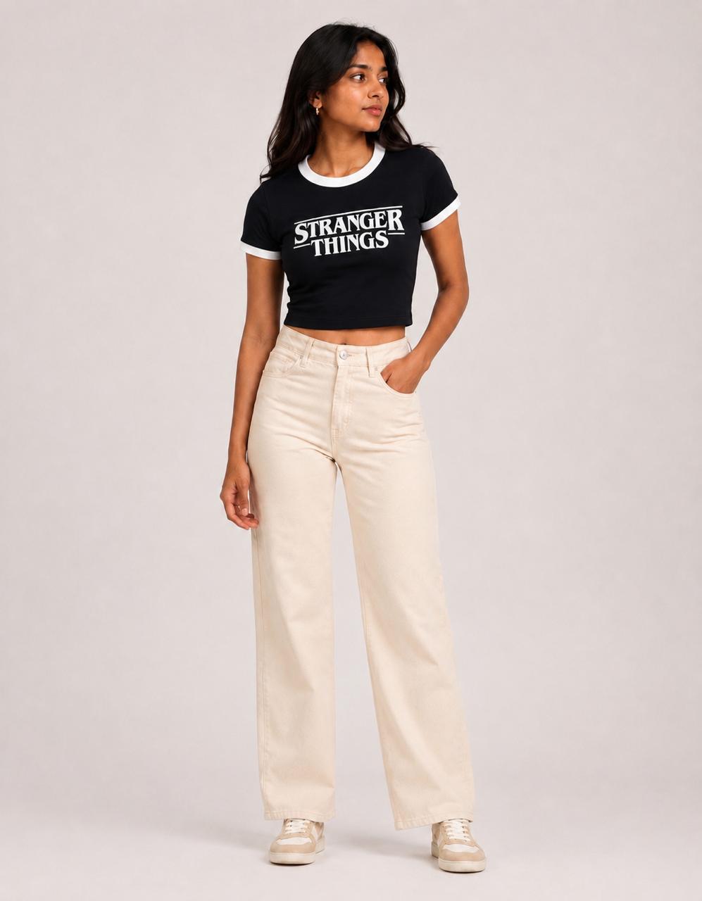 Stranger things printed contrast collar Baby tee | Women's cropped Fit T-shirt