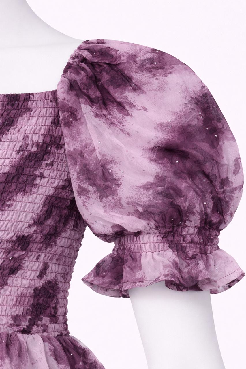 Women's purple & violet printed sundress with puff sleeves