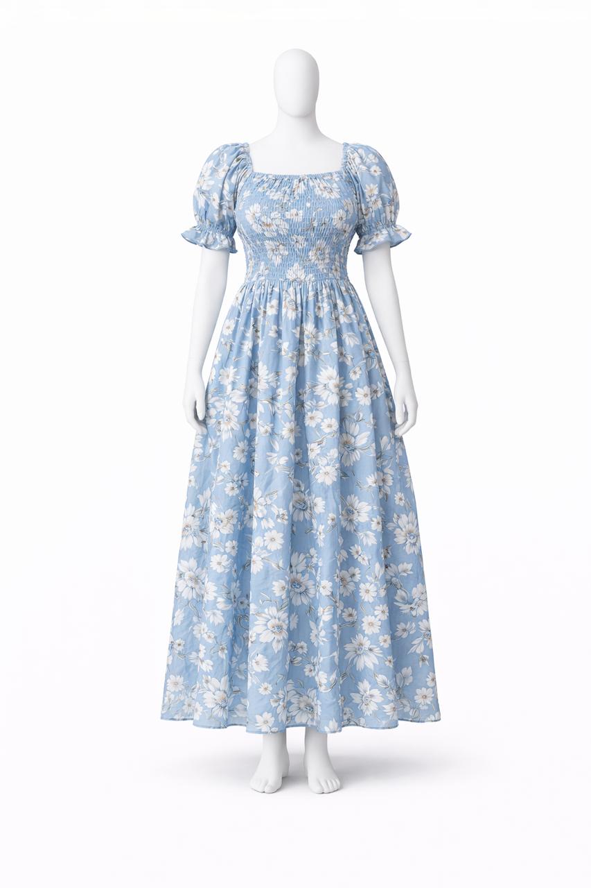 Women's matte blue floral printed sundress with puff sleeves