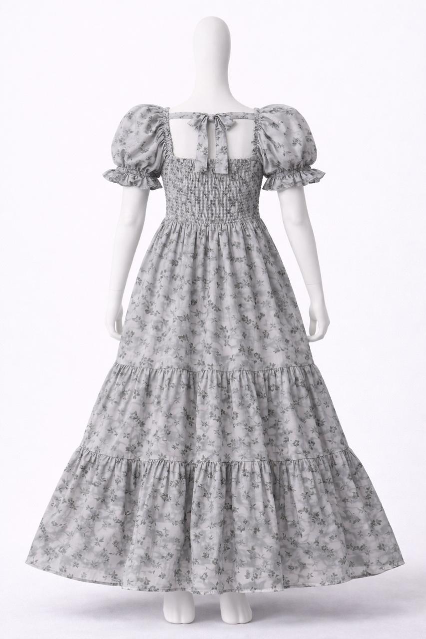 Women's grey floral printed embroidery sundress with puff sleeves