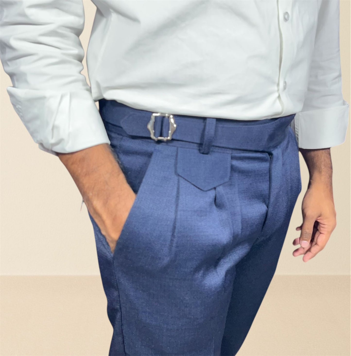 Navy Blue Linen Textured Gurkha Pants for Men