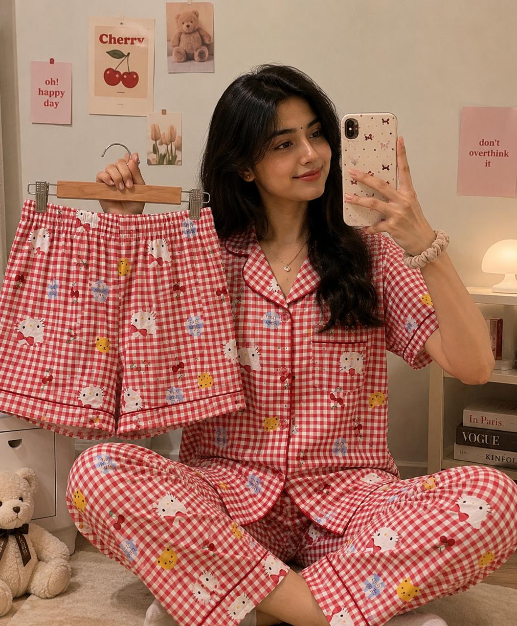 Hello kitty Printed Premium 3-Piece Cotton Lounge Set