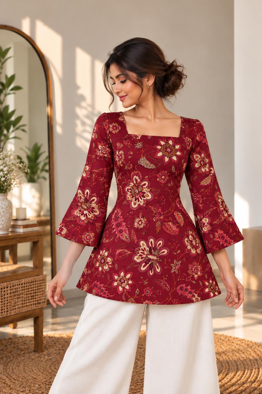 Burgundy floral printed Premium 100% Pure Cotton Corset Back Knot Short Kurti | Printed Flared Kurti for Women