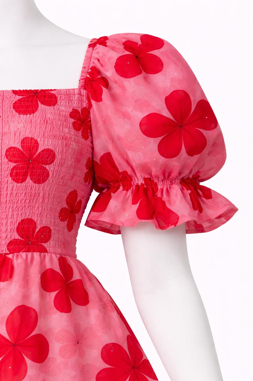 Women's floral printed pink sundress with puff sleeves