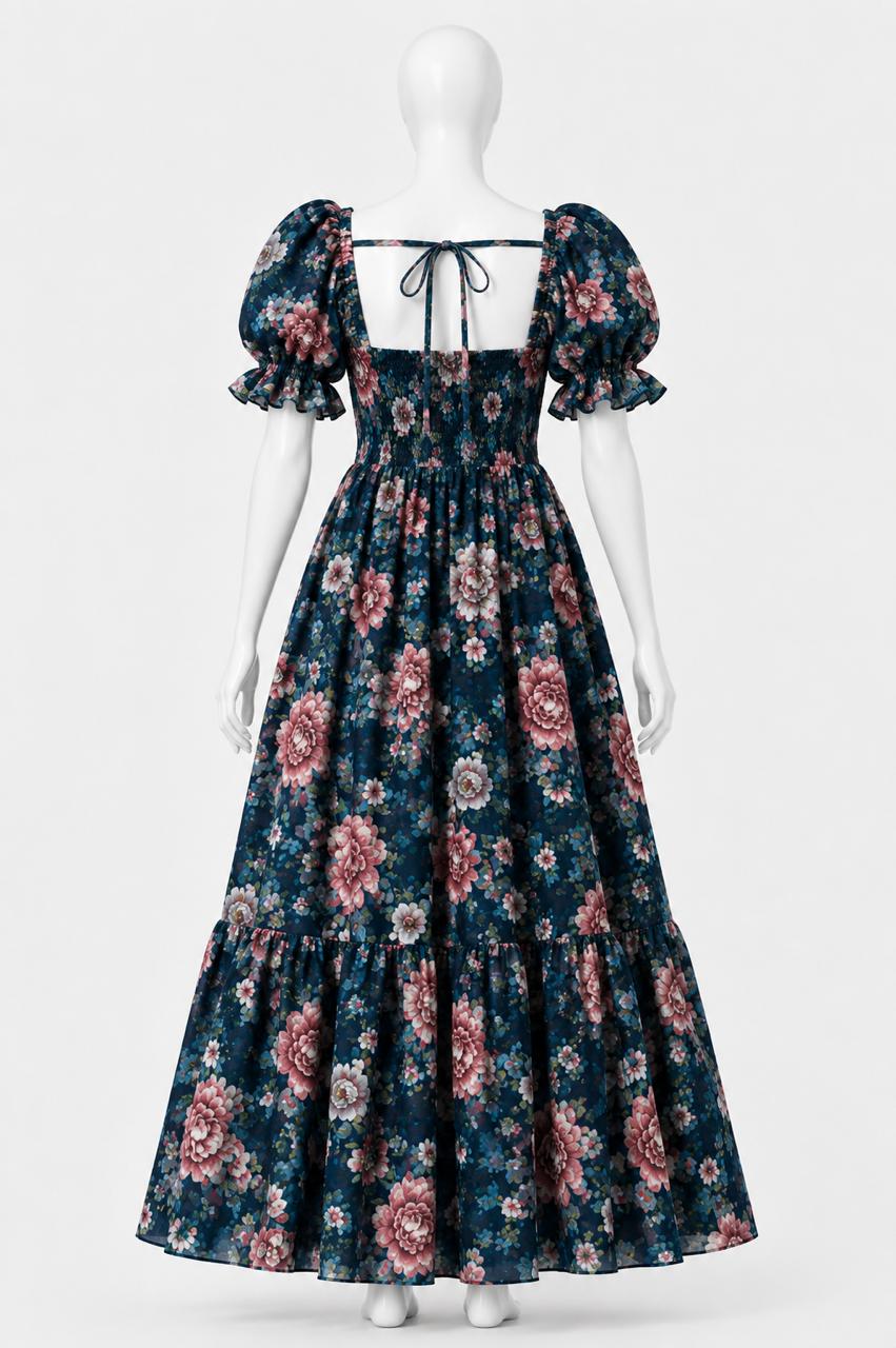 Women's sundress navy blue floral print with puff sleeves