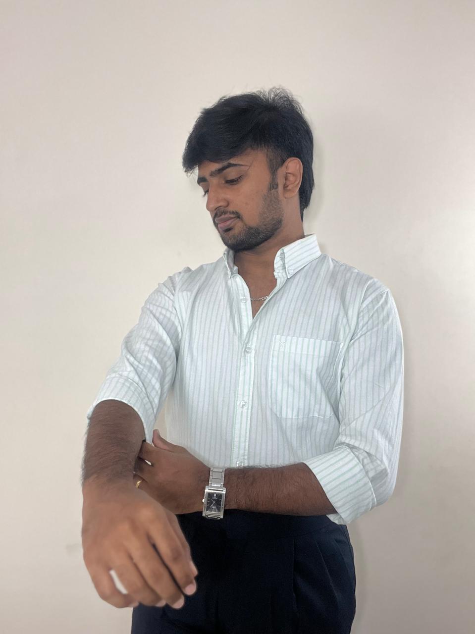 Mint striped oxford cotton-linen shirt | button-down collar