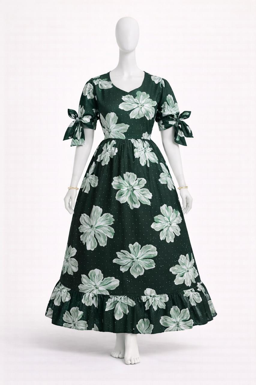 Women's green floral maxi with puff sleeves tie up dress