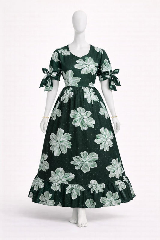 Women's green floral maxi with puff sleeves tie up dress