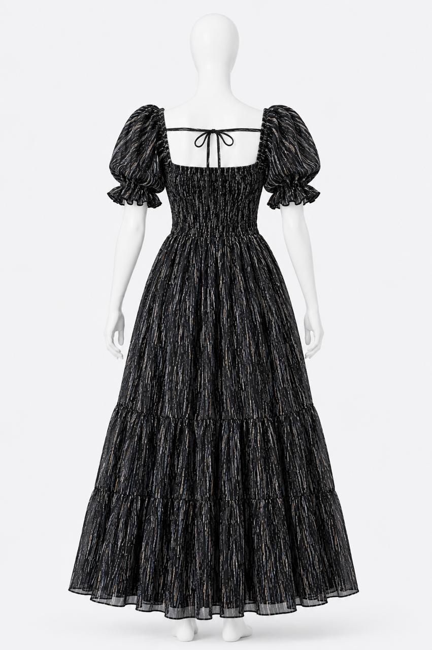 Women's Black printed sundress with puff sleeves