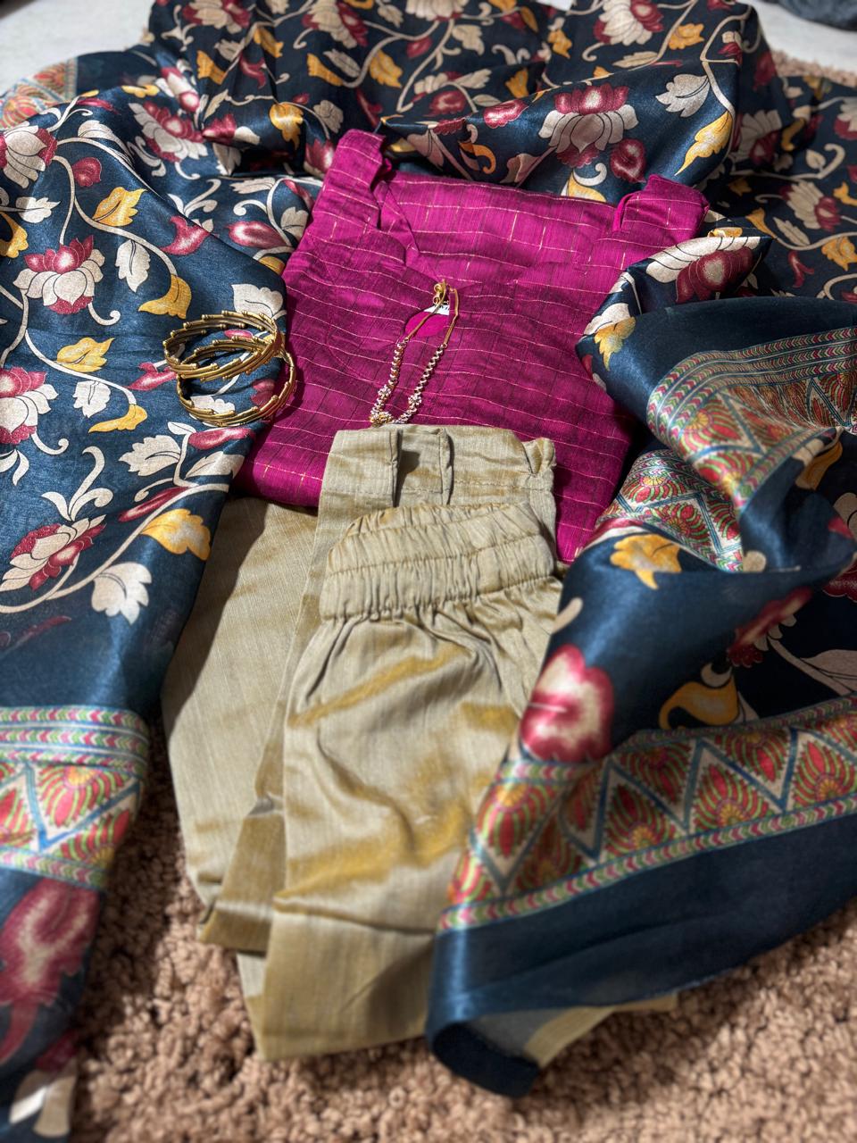 Pure Raw Silk Churidar Set with Kalamkari Dupatta & Pant