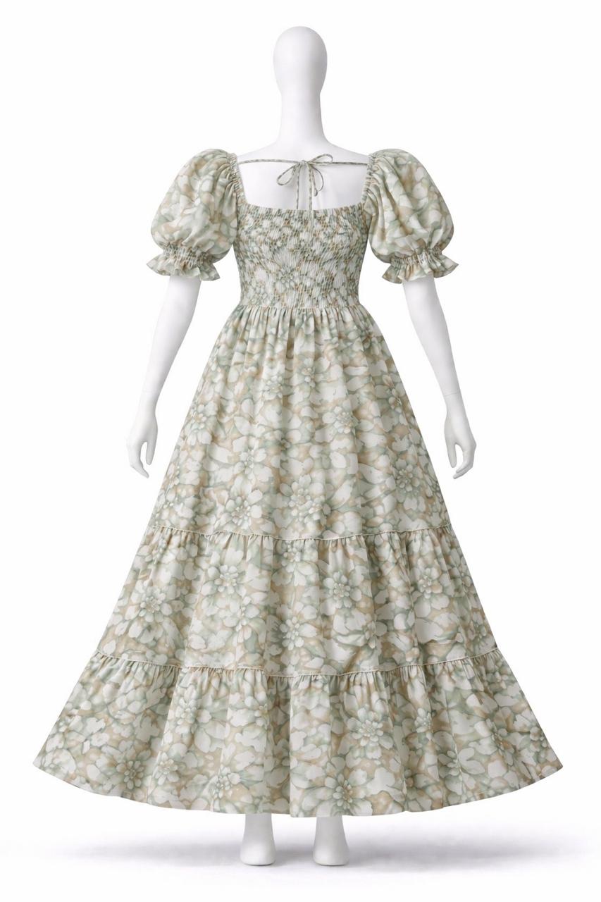 Women's green & white floral printed sundress with  puff sleeves
