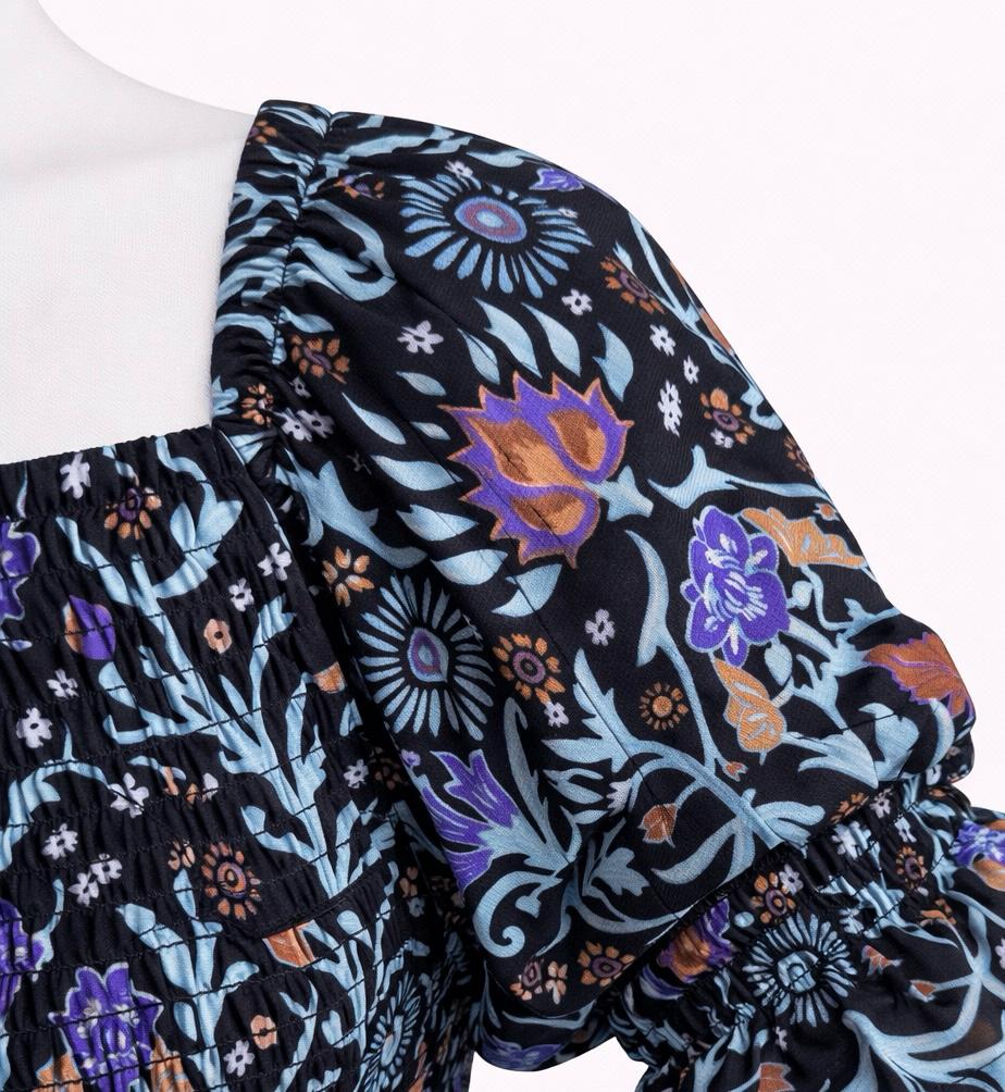 Women's Black with blue printed sundress with puff sleeves