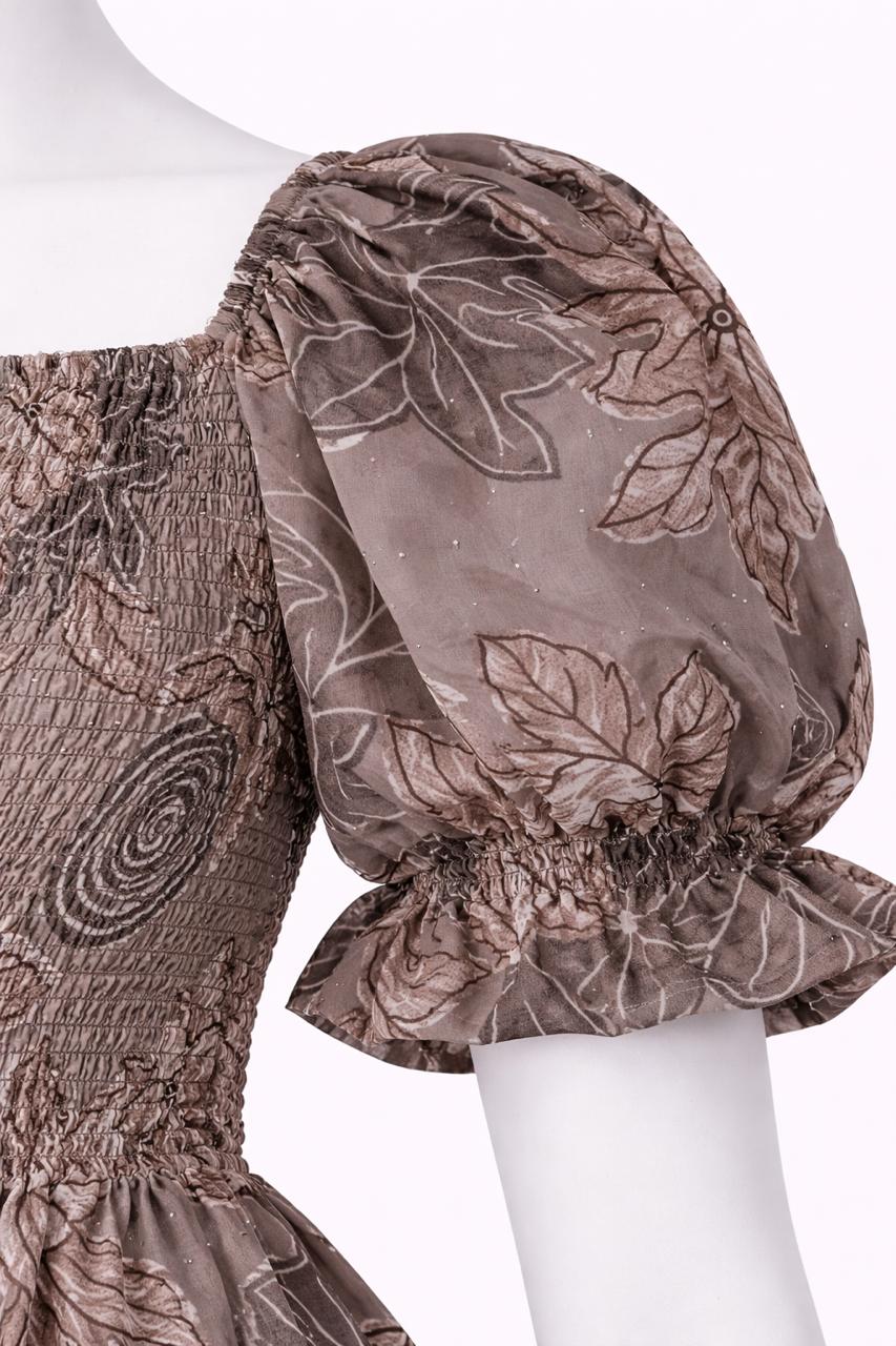 Women's premimum brown floral printed sundress with puff sleeves