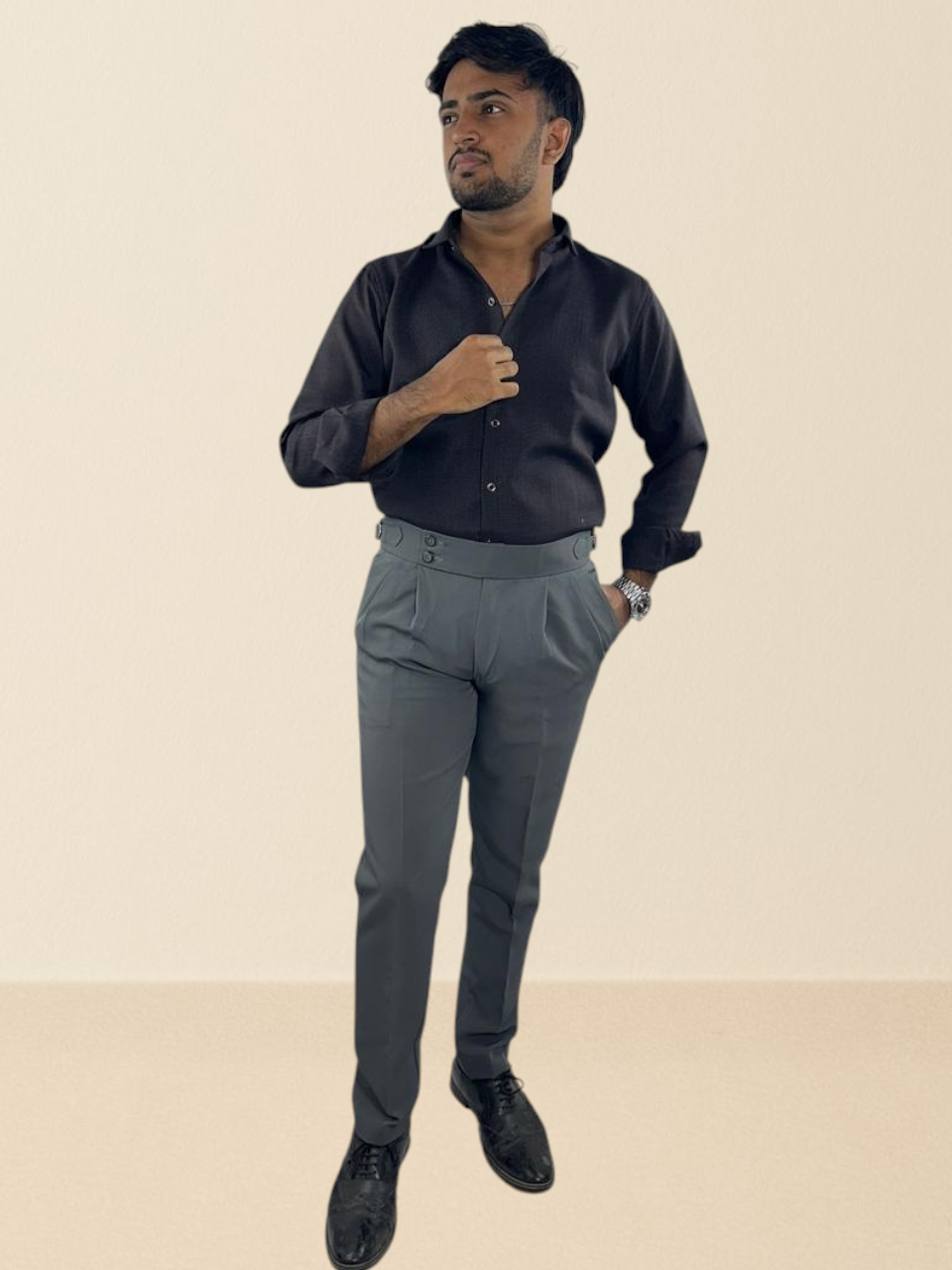 Stone grey double-buckle gurkha pants for men