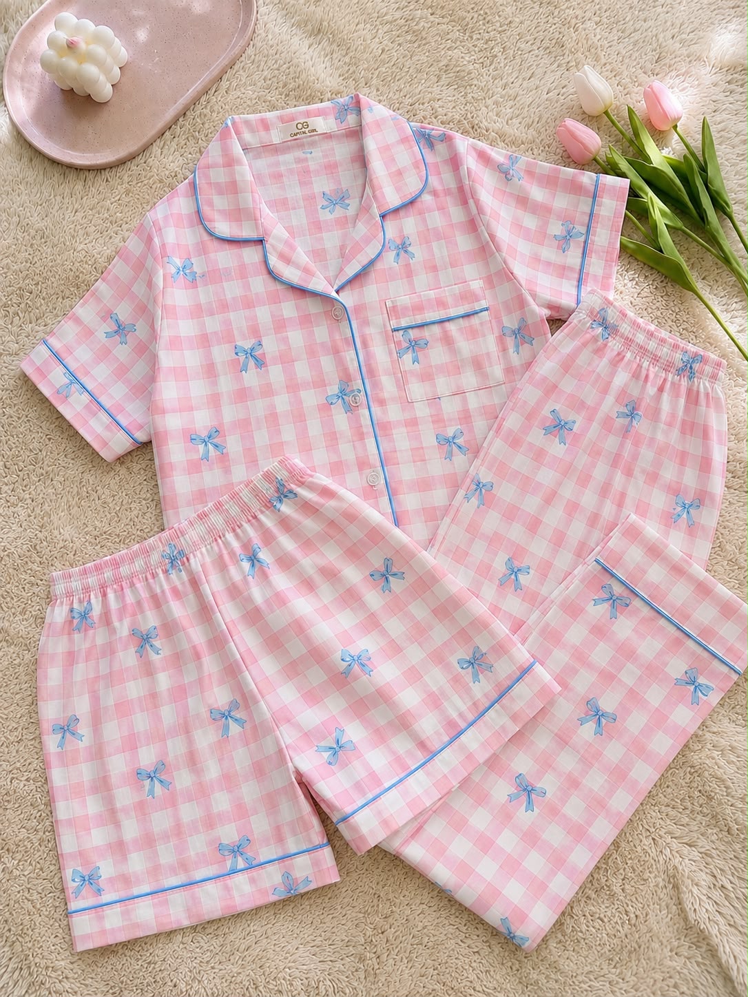 Bow Printed Premium 3-Piece Cotton Lounge Set