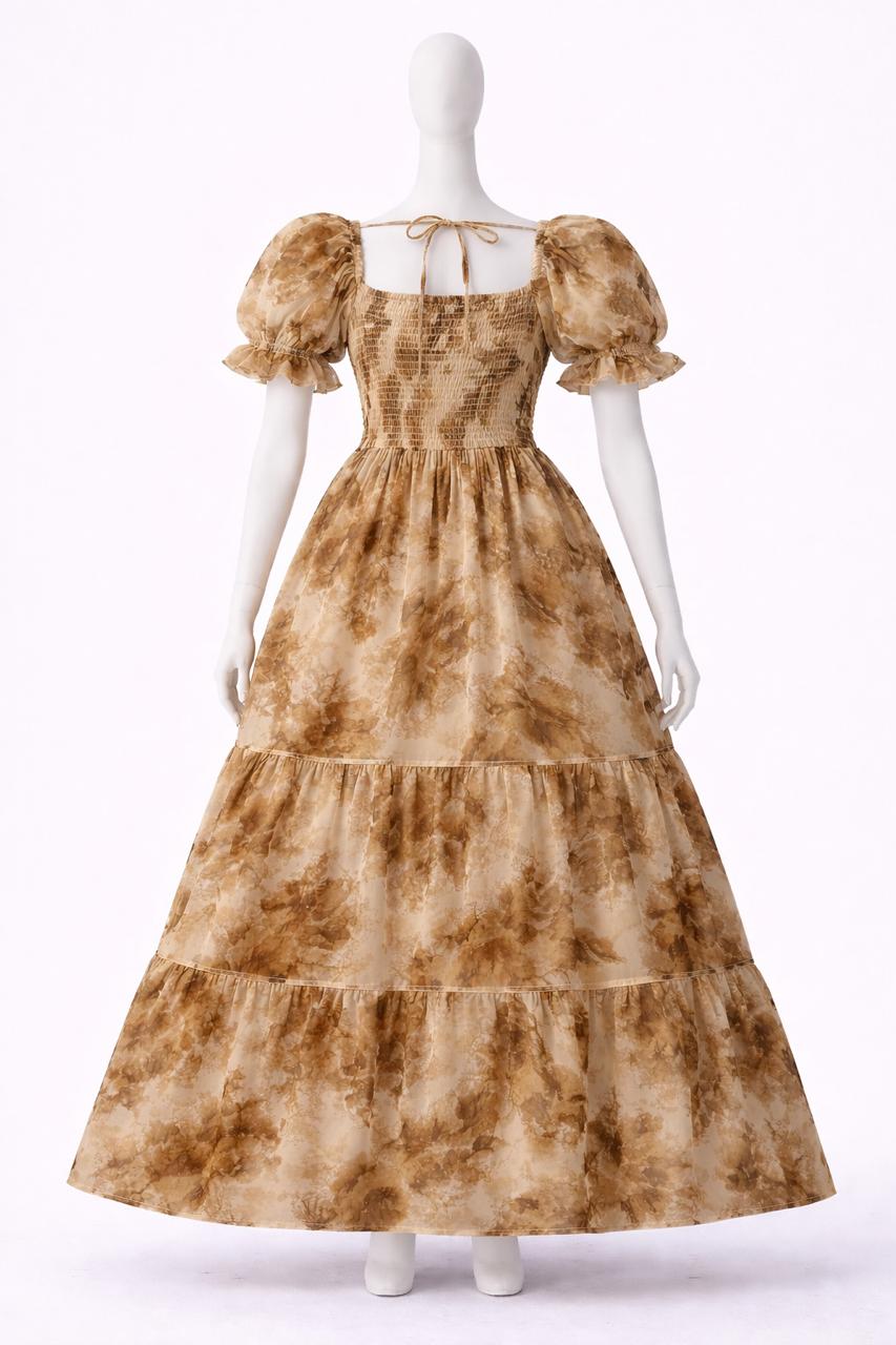 Women's yellow floral printed sundress with puff sleeves