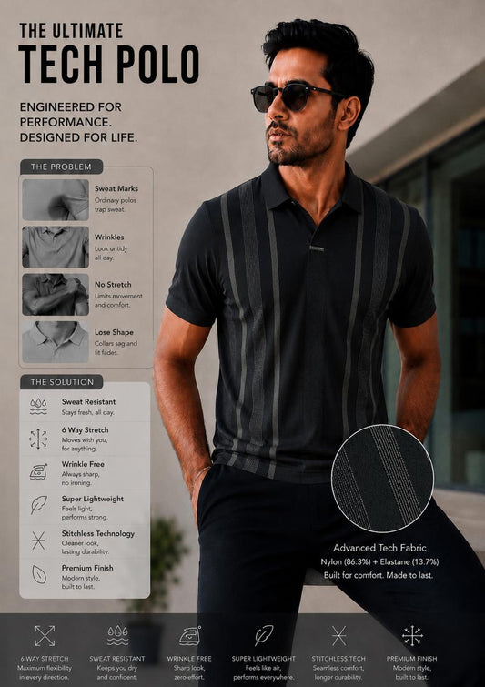 Men's Premium Breathable Midnight Black Tech Polo – Wrinkle-Free Dry-Fit Performance Workwear