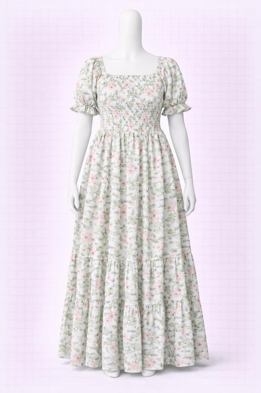 Women's white floral printed sundress with puff sleeves