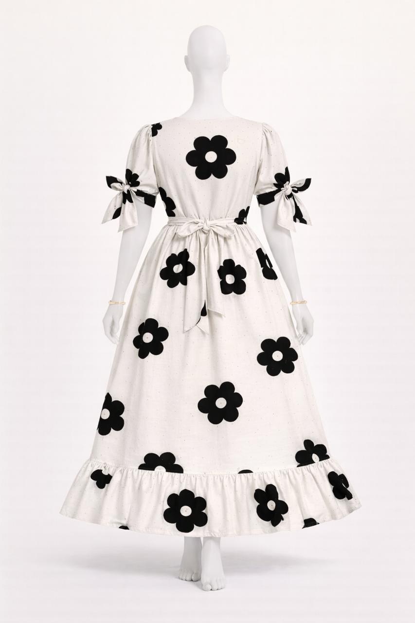 Women's white with black floral printed maxi with puff sleeves tie up dress