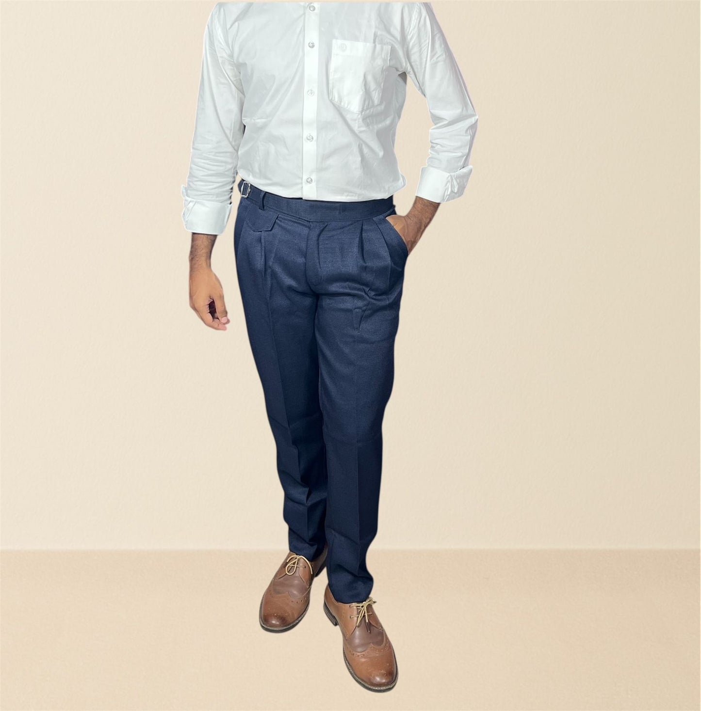 Navy Blue Linen Textured Gurkha Pants for Men