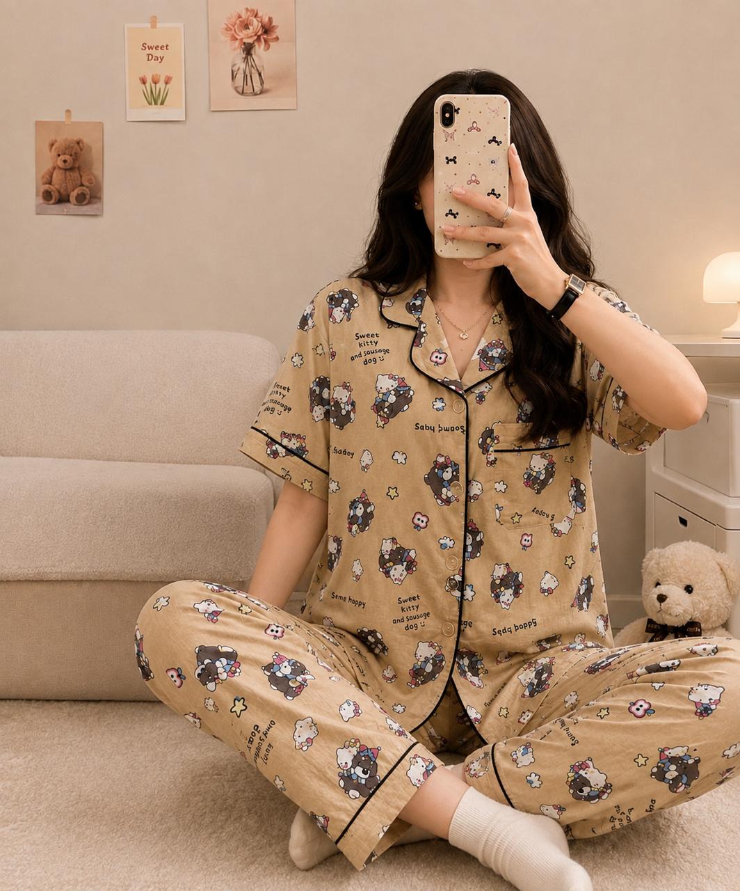 Sweet kitty Printed Premium 2-Piece Cotton Lounge Set