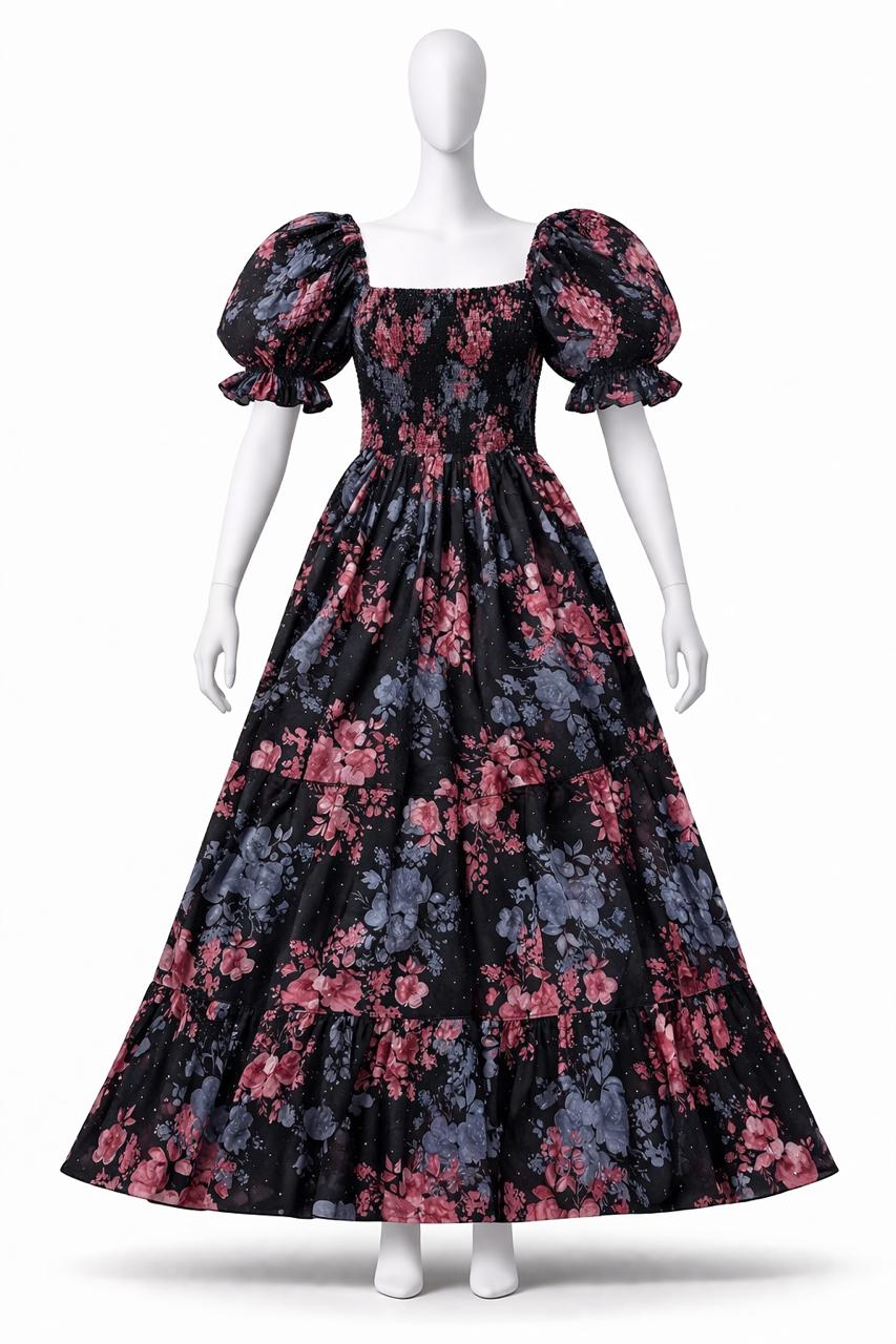 Women's Black & pink floral printed sundress with puff sleeves