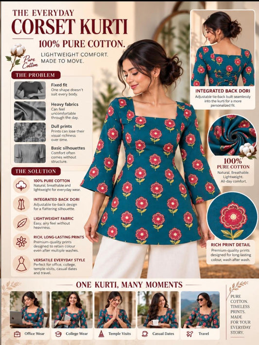Peacock blue rose printed Premium 100% Pure Cotton Corset Back Knot Short Kurti | Printed Flared Kurti for Women