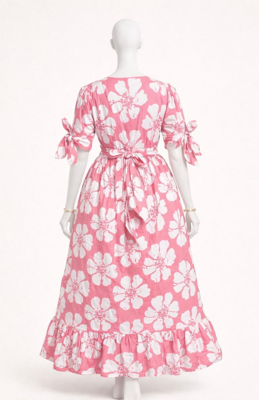 Women's pink floral maxi with puff sleeves tie up dress