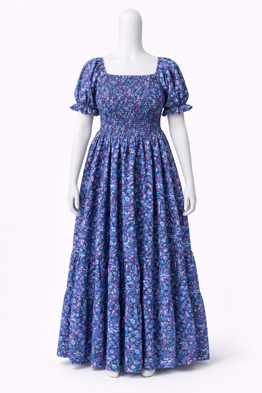 Women's Blue printed sundress with puff sleeves