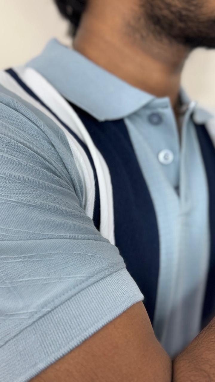 Men’s Sky Blue Knitted Cotton Polo T-Shirt | Premium Vertical Stripe Polo Tee