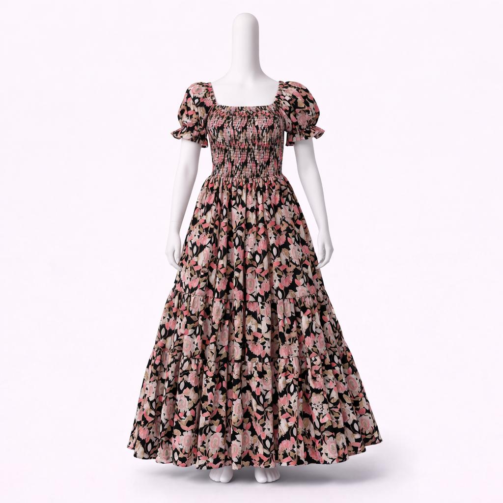 Women's Black & pink floral printed sundress with puff sleeves