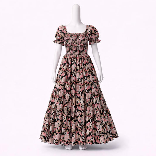 Women's Black & pink floral printed sundress with puff sleeves