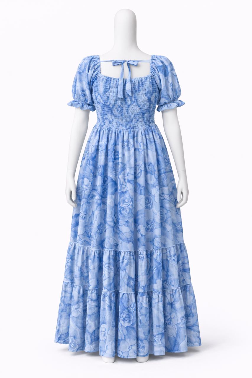Women's Blue printed sundress with puff sleeves