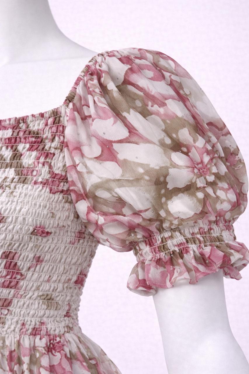 Women's pink & white floral printed sundress with puff sleeves