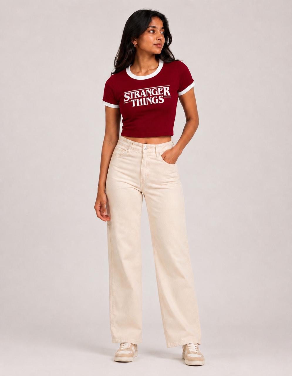 Stranger things printed contrast collar Baby tee | Women's cropped Fit T-shirt