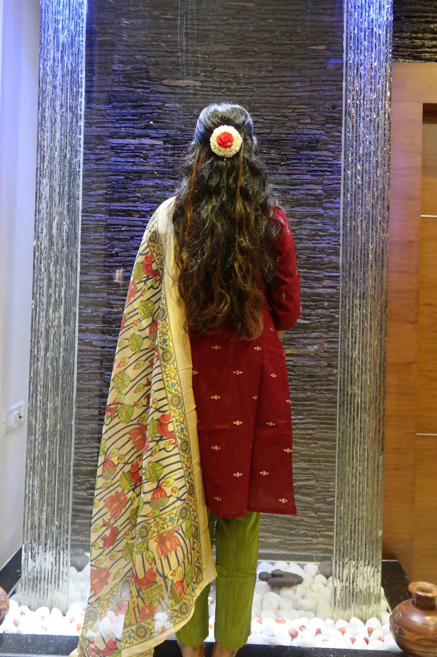 Pure Raw Silk Churidar Set with Kalamkari Dupatta & Pant